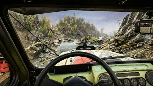 Expeditions: A MudRunner Game screenshot of a car driving in a river.